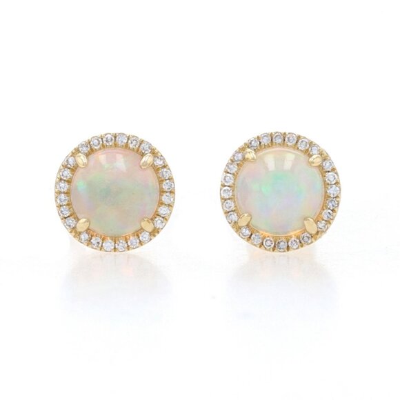 Jewelry - Yellow Gold Opal & Diamond Halo Stud Earrings 14k Round Cabochon 1.06ctw Pierced